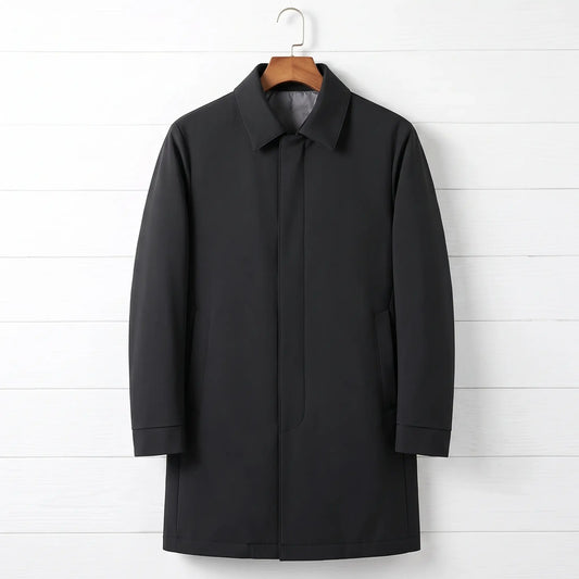 Black down lined coat for men, mid-thigh car coat with hidden buttons on a wooden hanger