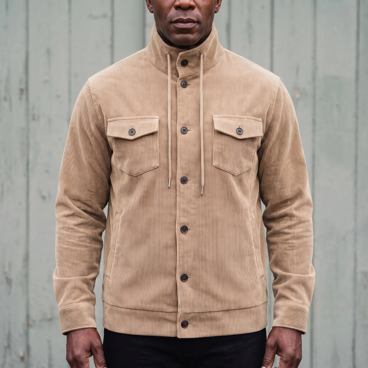 Men's beige corduroy button-front jacket with drawcord stand collar and chest pockets