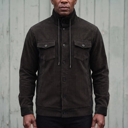 Men's black corduroy button-front jacket with drawcord stand collar and chest pockets