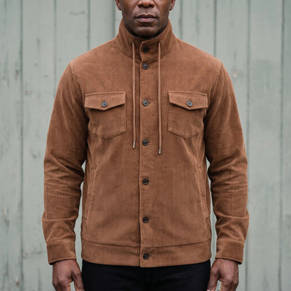 Men's brown corduroy button-front jacket with drawcord stand collar and chest pockets