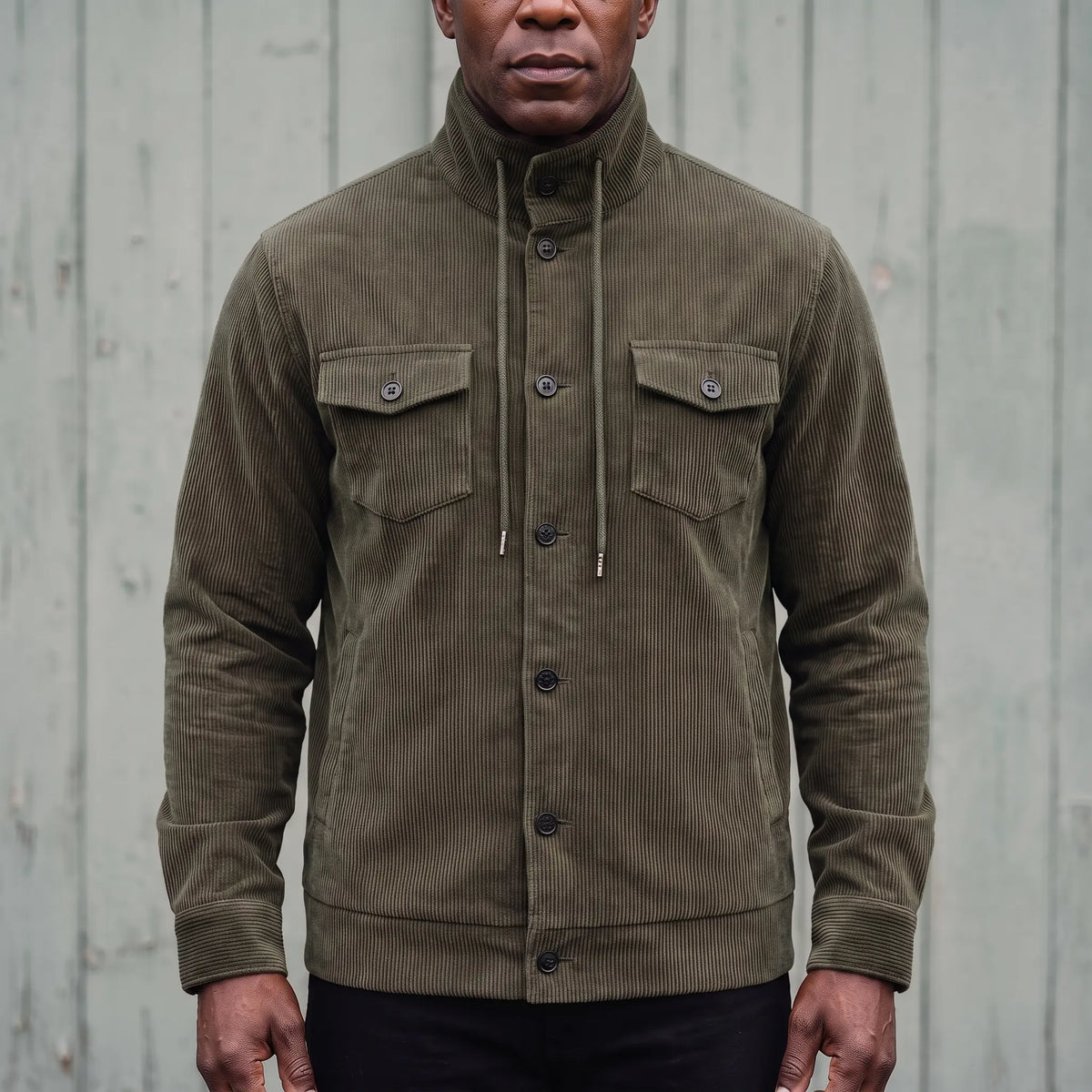 Men's green corduroy button-front jacket with drawcord stand collar and chest pockets