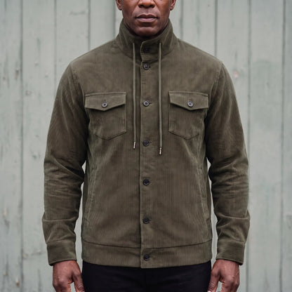 Men's green corduroy button-front jacket with drawcord stand collar and chest pockets