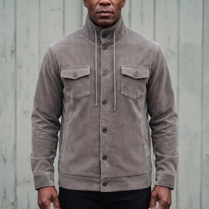 Men's light grey corduroy button-front jacket with drawcord stand collar and chest pockets