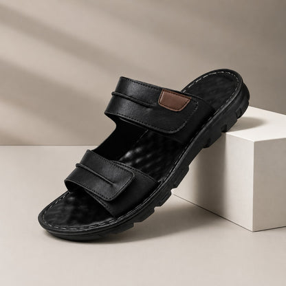 DUAL STRAP LEATHER SLIDES