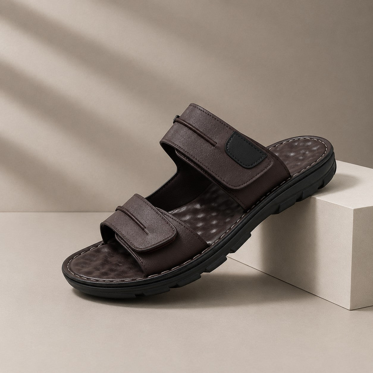DUAL STRAP LEATHER SLIDES