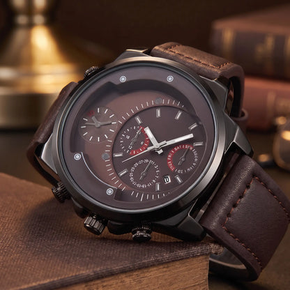 Dual Time Watch in Brown, offset dial and subdials close-up