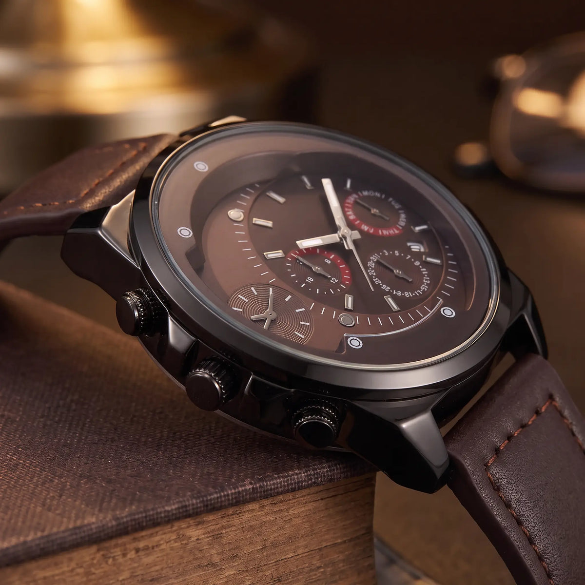 Dual Time Watch in Brown, case side with pushers and stitched leather strap