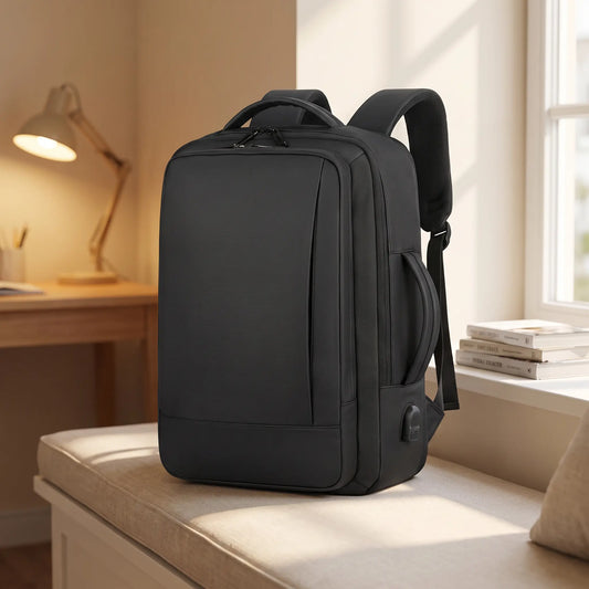 Expandable study backpack in black on a window seat in a student room