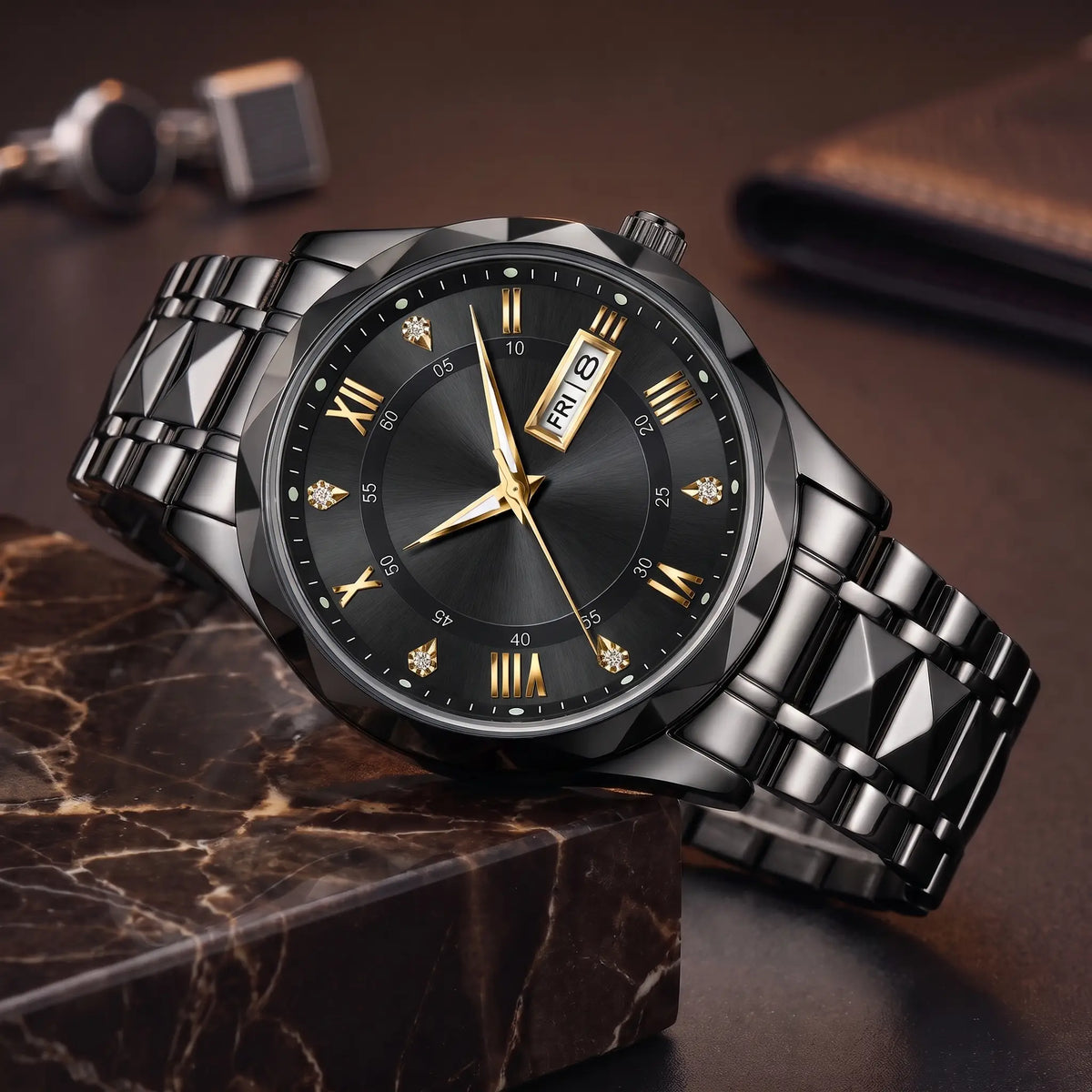 Faceted Bezel Watch in Black Gold