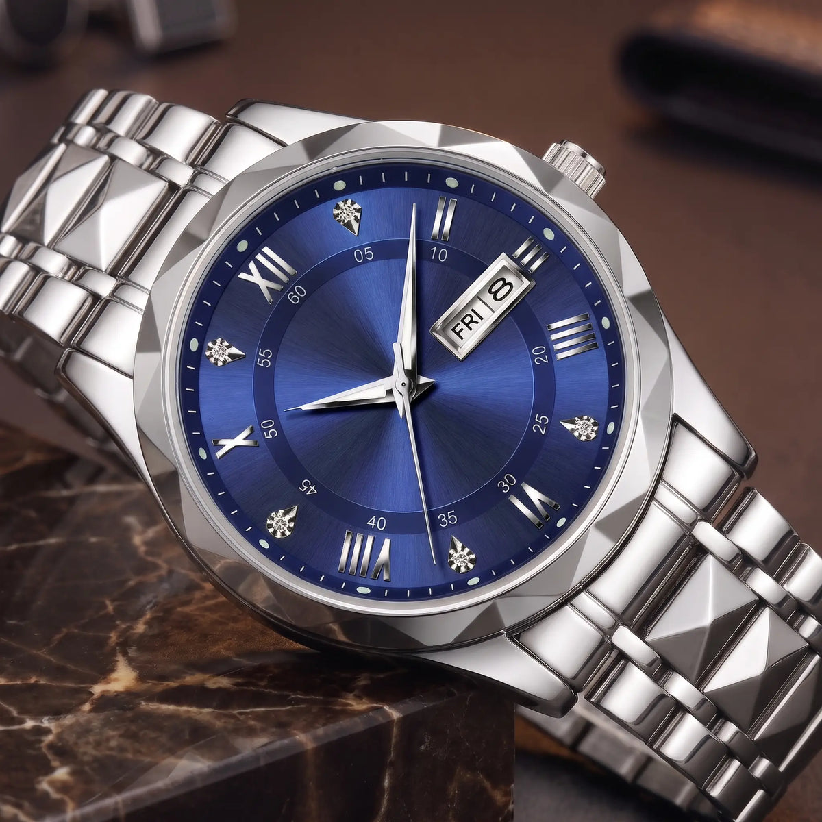 Faceted Bezel Watch in Silver Blue, dial and faceted bezel close-up