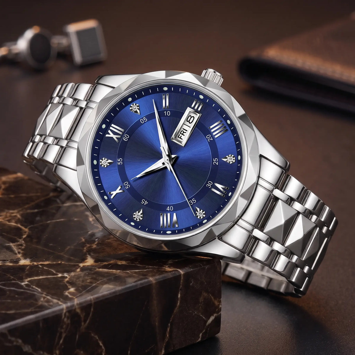 Faceted Bezel Watch in Silver Blue
