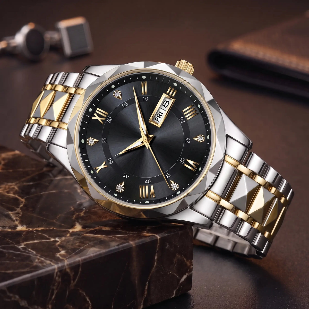Faceted Bezel Watch in Silver Gold Black