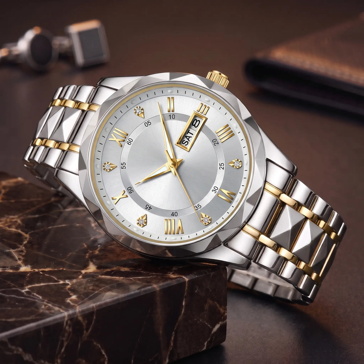 Faceted Bezel Watch in Silver Gold White