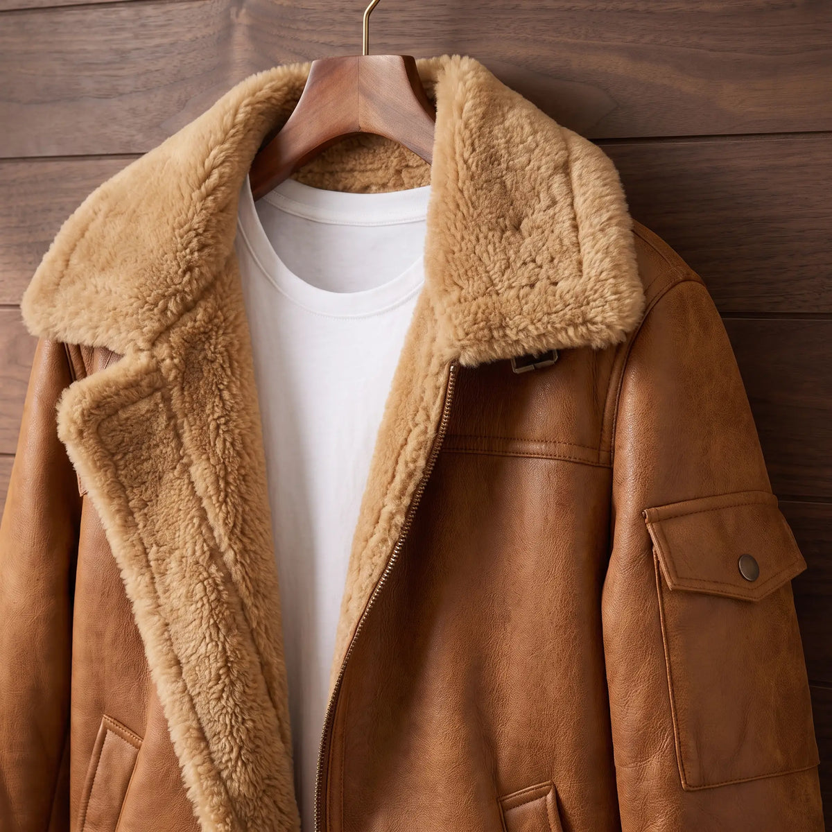 Faux Leather Flight Jacket in Khaki, fleece collar and chest close-up
