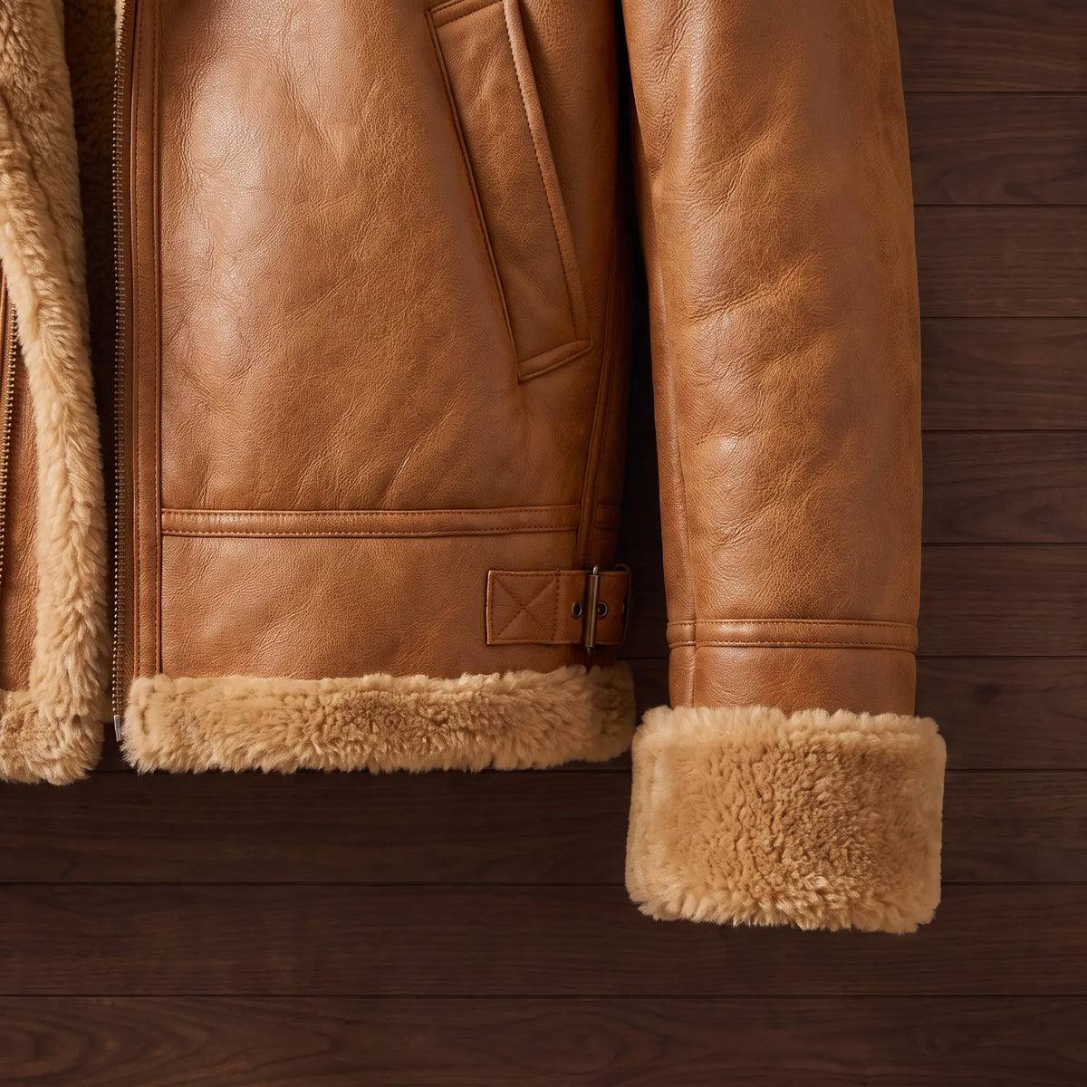 Faux Leather Flight Jacket in Khaki, fleece cuff and buckle hem close-up