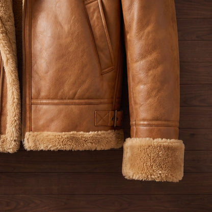 Faux Leather Flight Jacket in Khaki, fleece cuff and buckle hem close-up