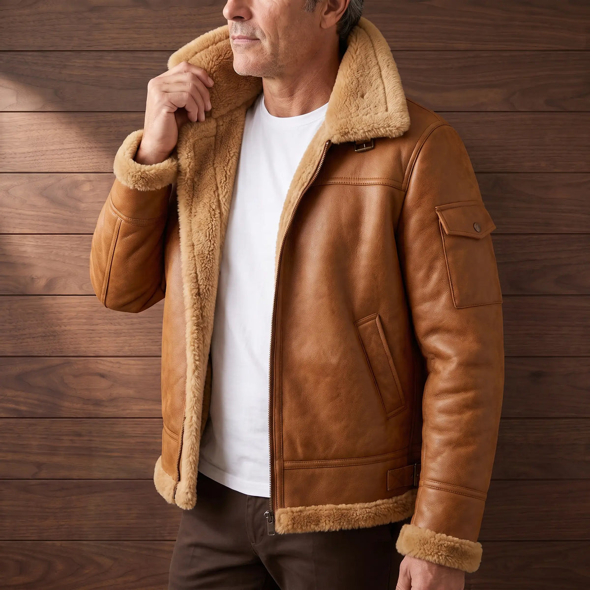 Faux Leather Flight Jacket in Khaki worn over a white tee