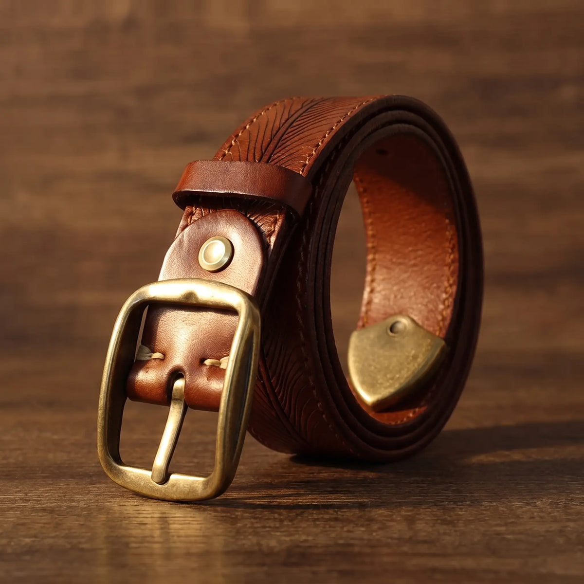 Men's tan cowhide belt with feather embossed pattern and antique brass buckle, coiled on walnut