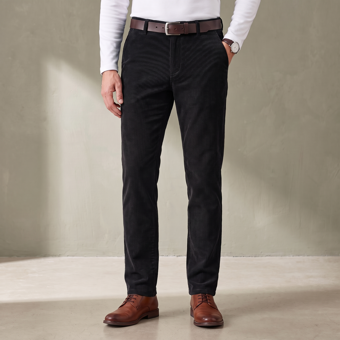 Black fine wale corduroy trousers worn with a brown leather belt and derby shoes