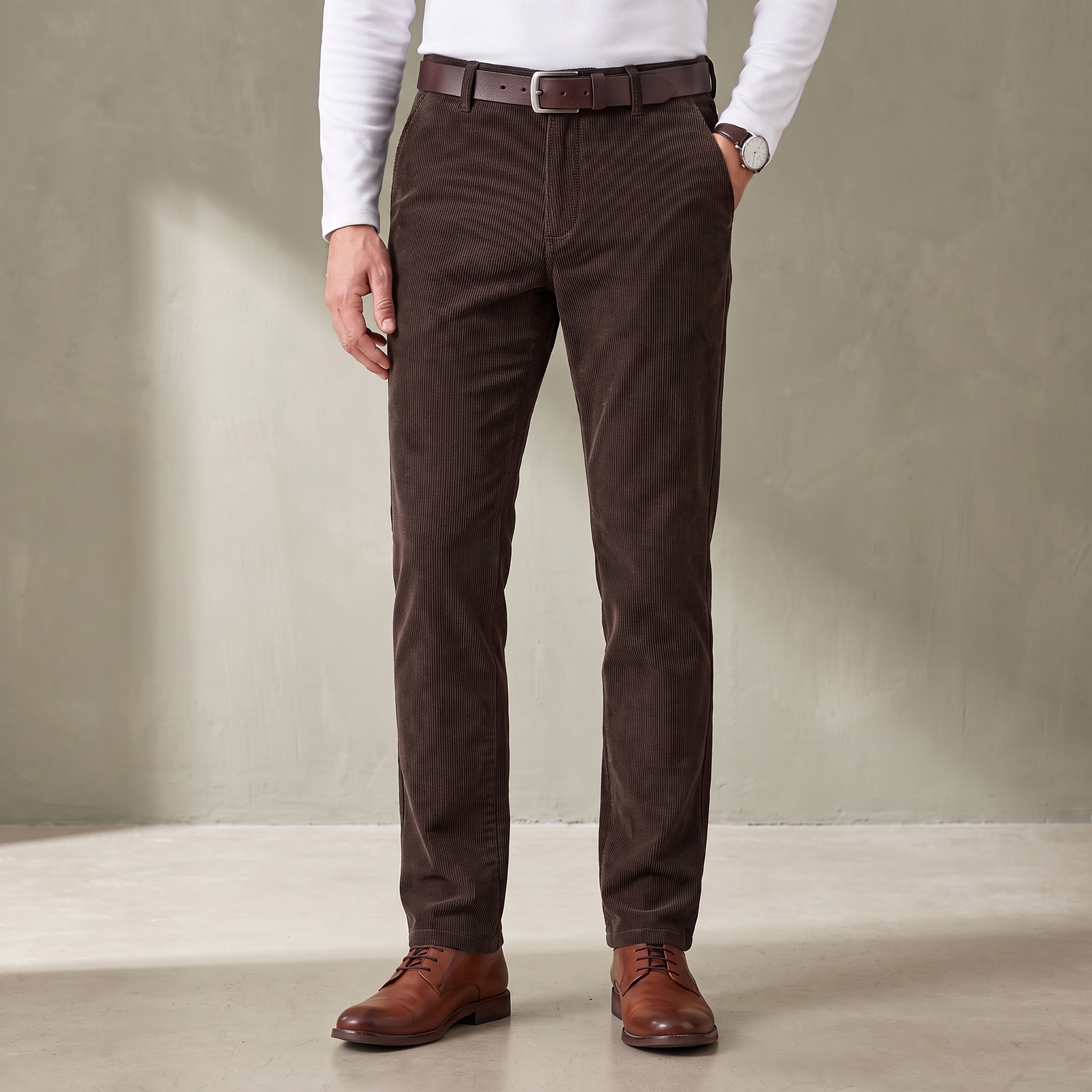 Brown fine wale corduroy trousers worn with a brown leather belt and derby shoes