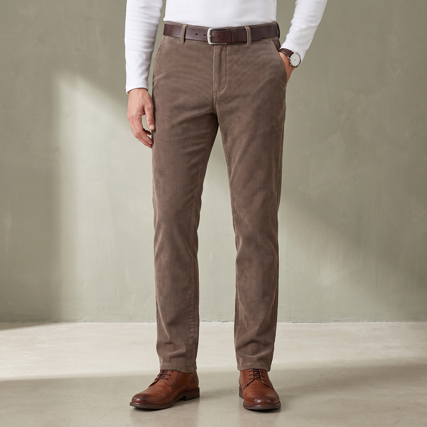 Khaki fine wale corduroy trousers worn with a brown leather belt and derby shoes