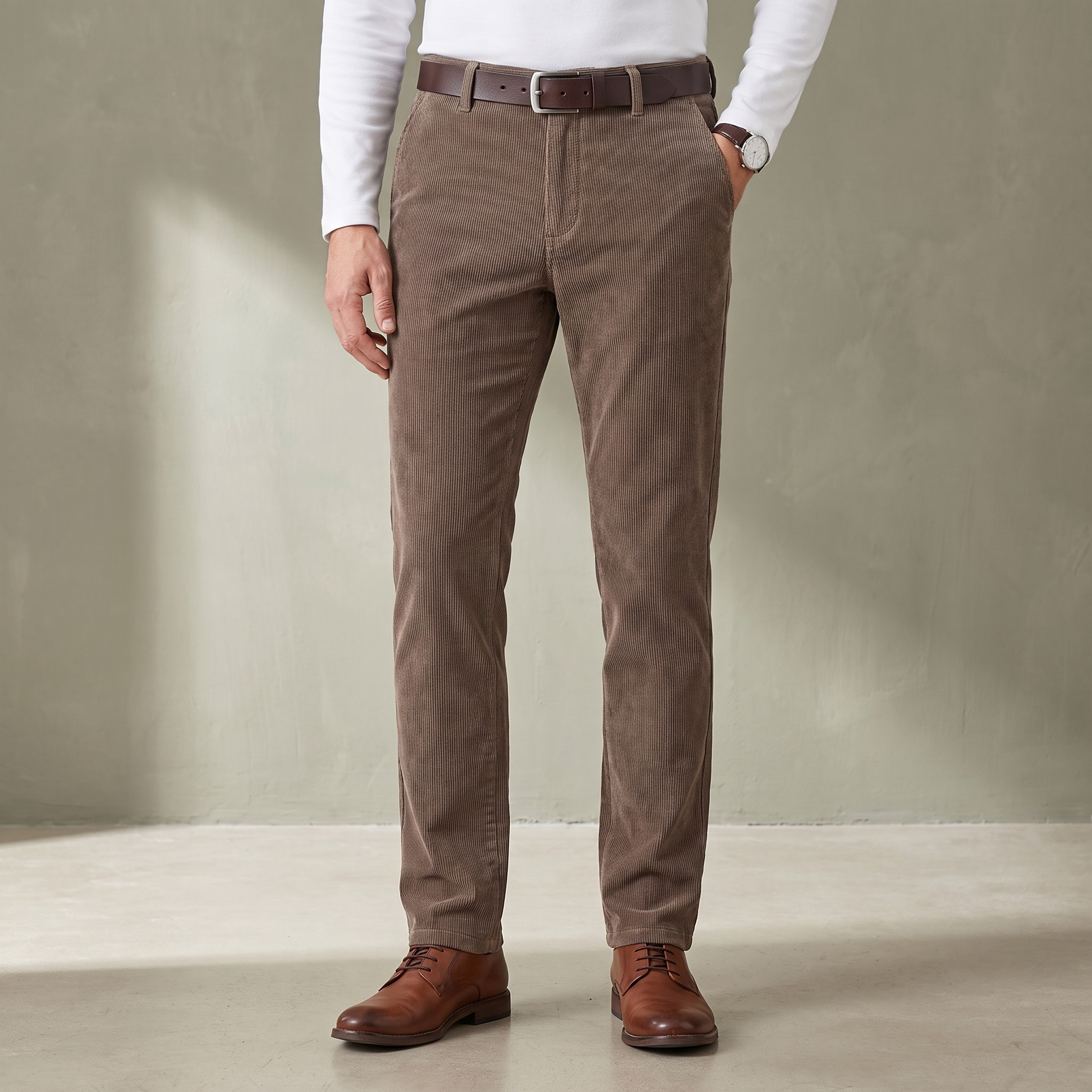 Khaki fine wale corduroy trousers worn with a brown leather belt and derby shoes