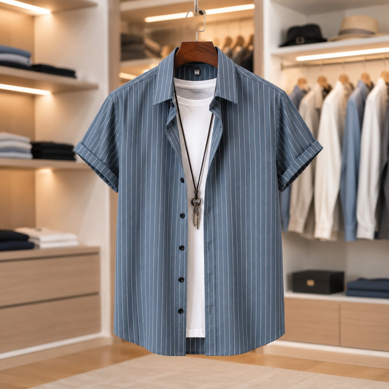 FINE STRIPE OPEN COLLAR TOP