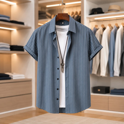 FINE STRIPE OPEN COLLAR TOP