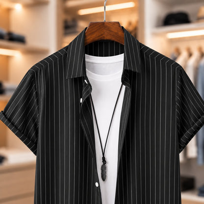 FINE STRIPE OPEN COLLAR TOP