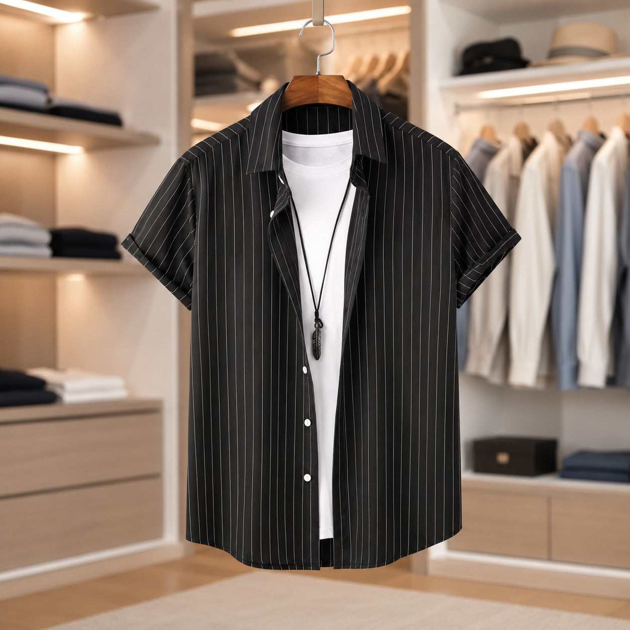 FINE STRIPE OPEN COLLAR TOP