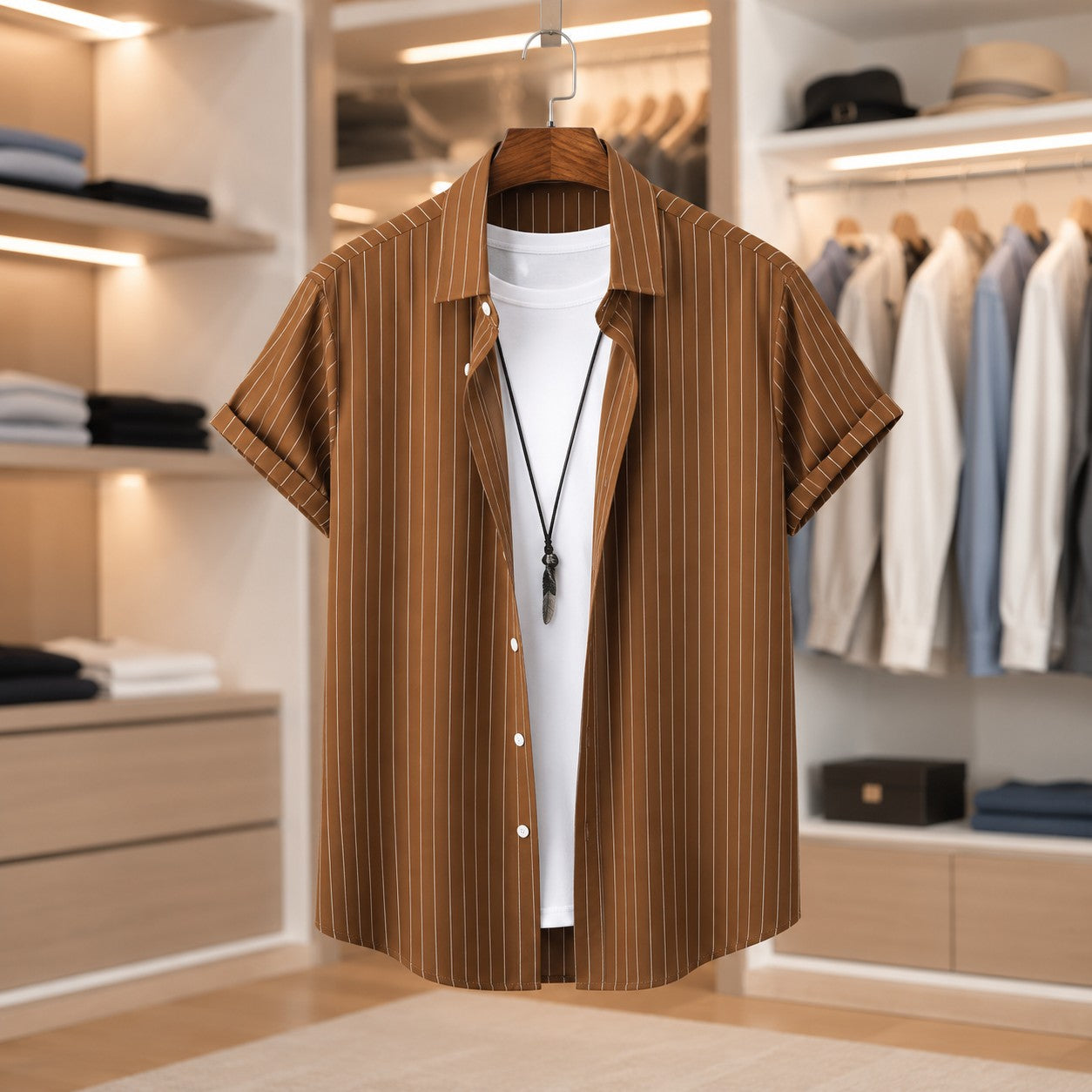 FINE STRIPE OPEN COLLAR TOP