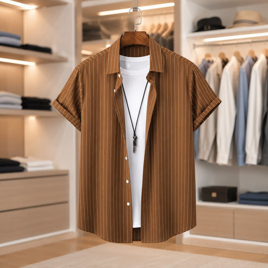 FINE STRIPE OPEN COLLAR TOP
