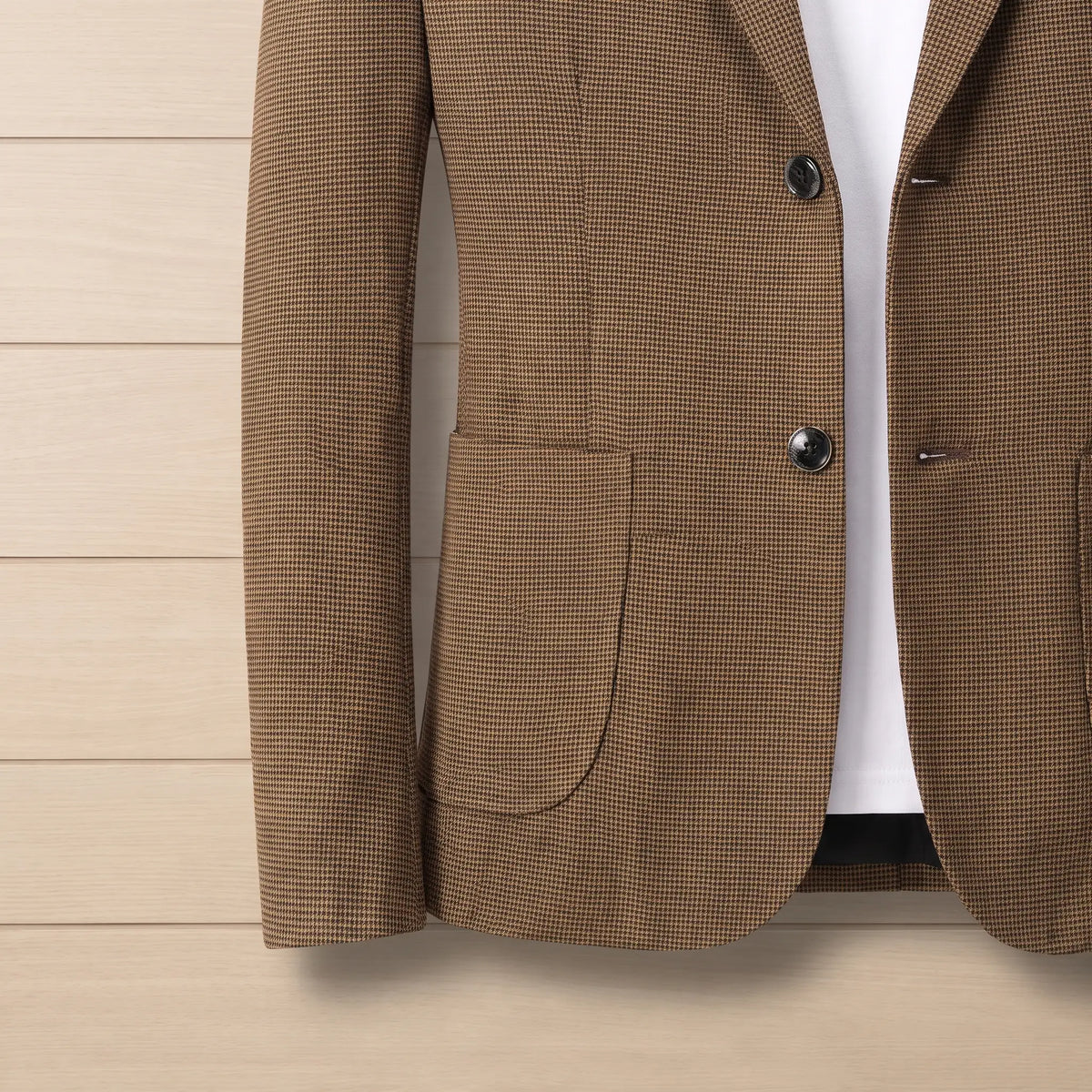 Fine Check Blazer in Brown, button and patch pocket detail