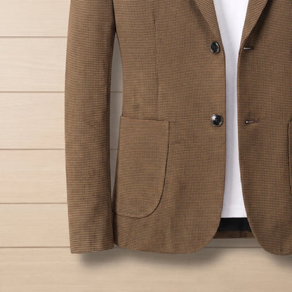 Fine Check Blazer in Brown, button and patch pocket detail