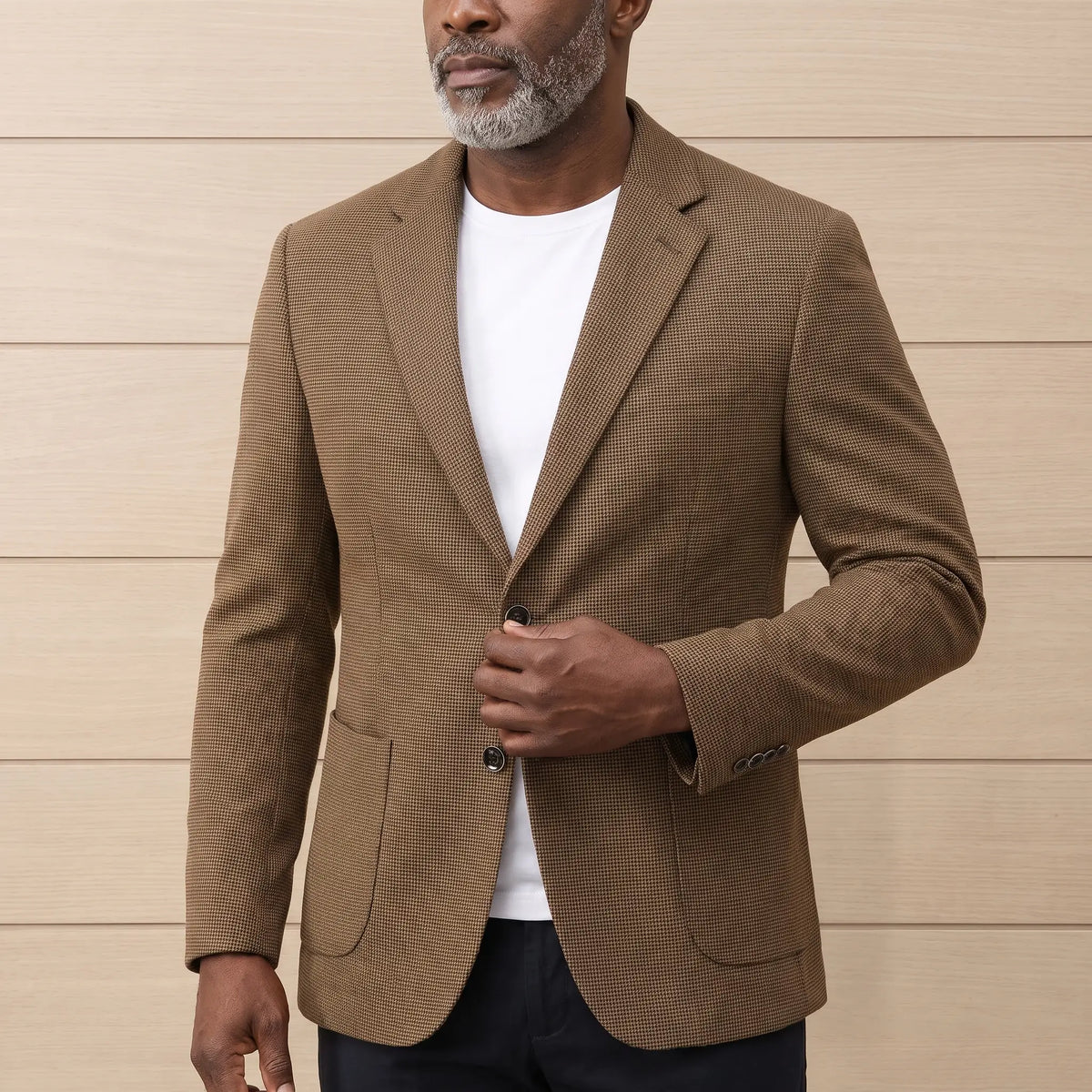 Fine Check Blazer in Brown, worn over a white tee