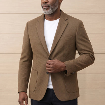 Fine Check Blazer in Brown, worn over a white tee