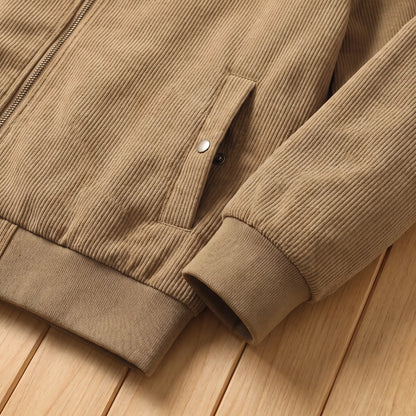 Corduroy snap pocket and rib hem detail
