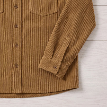 Close-up of the brown Fine Cord Overshirt showing the button front, hem and buttoned cuff