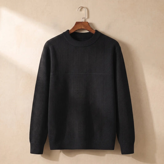 Men's black fine rib crew-neck sweater on a wooden hanger