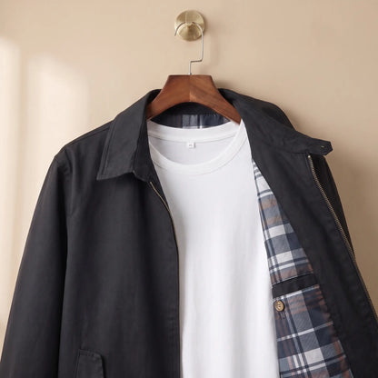 Flap Pocket Harrington in Black, collar and plaid lining detail