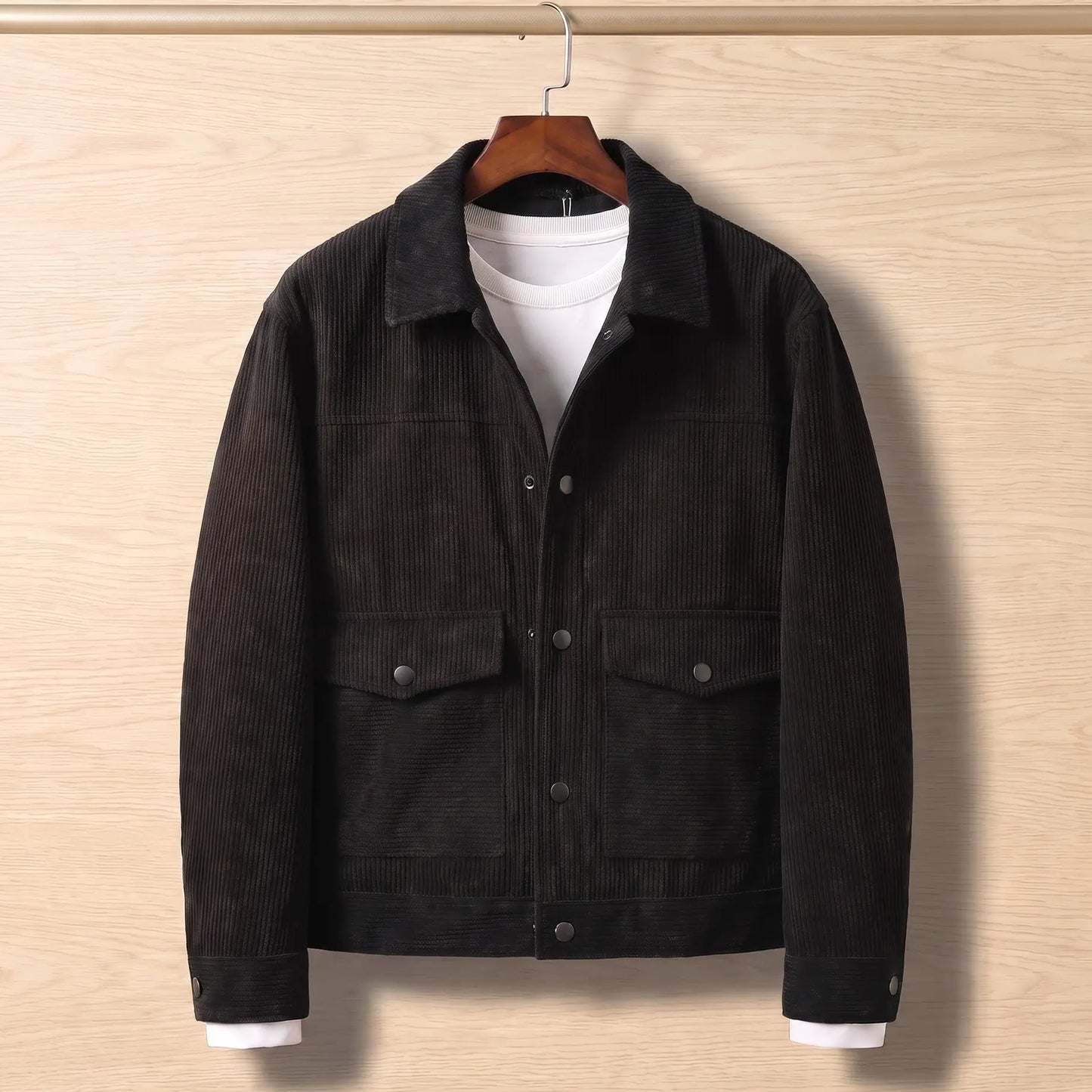 Black corduroy flap pocket jacket on a wooden hanger against a light oak wall