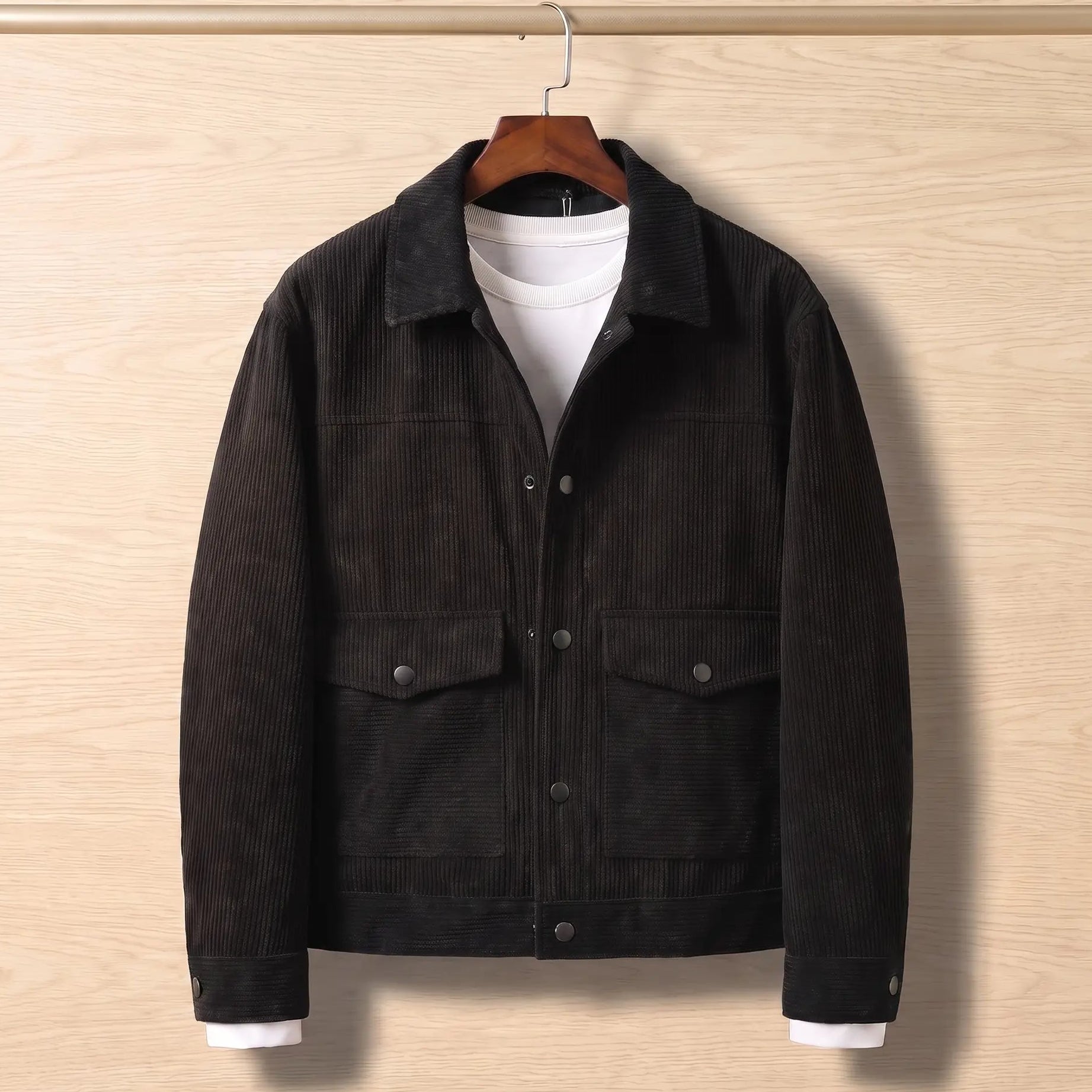 Black corduroy flap pocket jacket on a wooden hanger against a light oak wall