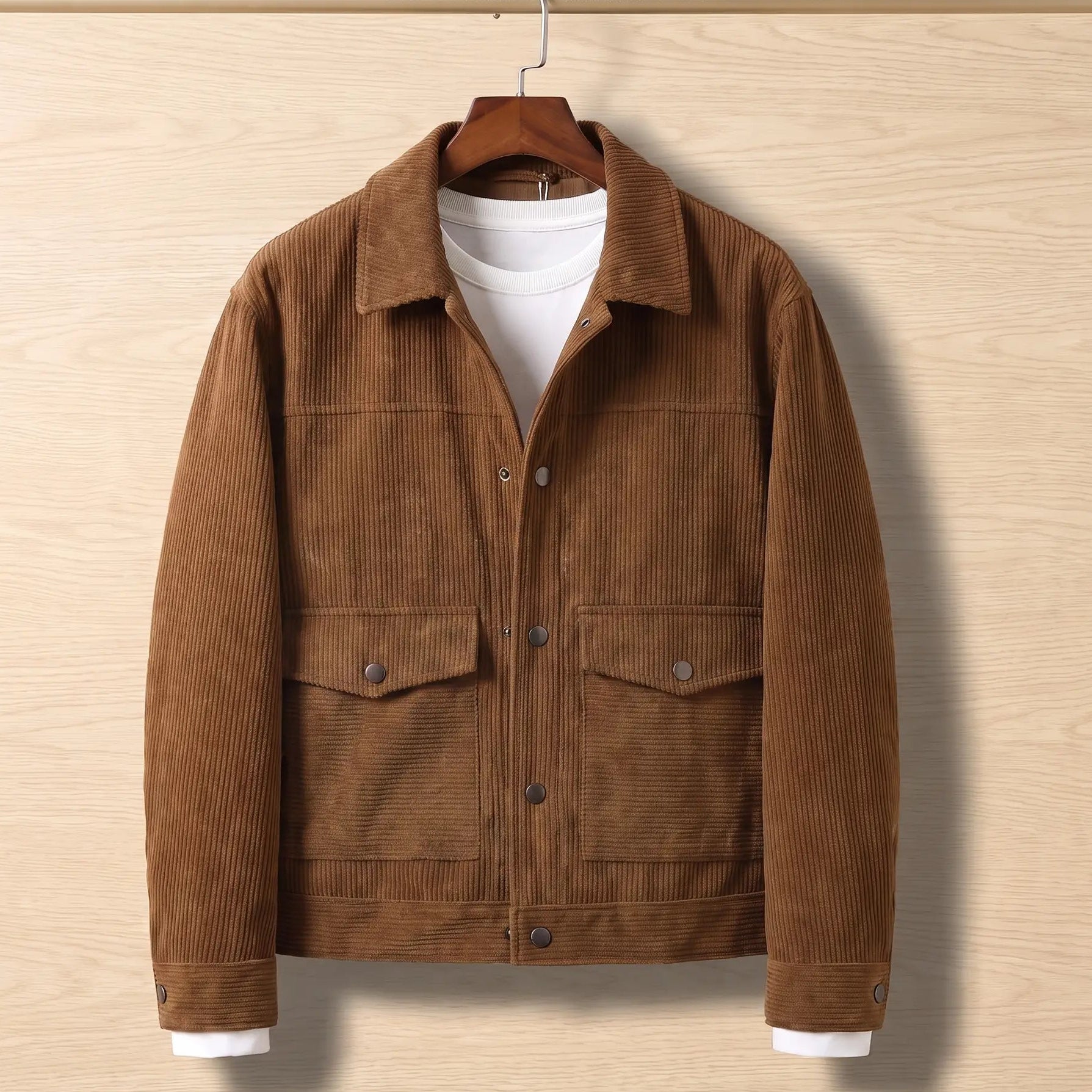 Brown corduroy flap pocket jacket on a wooden hanger against a light oak wall