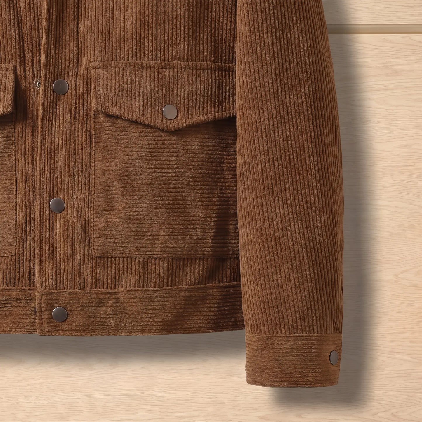 Close up of the waist flap pocket, hem band and buttoned cuff on the brown corduroy jacket
