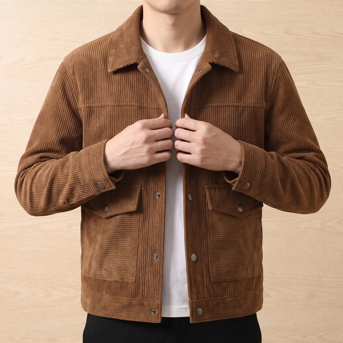 Man wearing the brown corduroy flap pocket jacket and fastening the front buttons