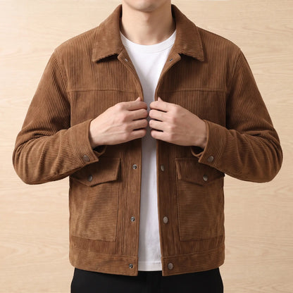 Man wearing the brown corduroy flap pocket jacket and fastening the front buttons