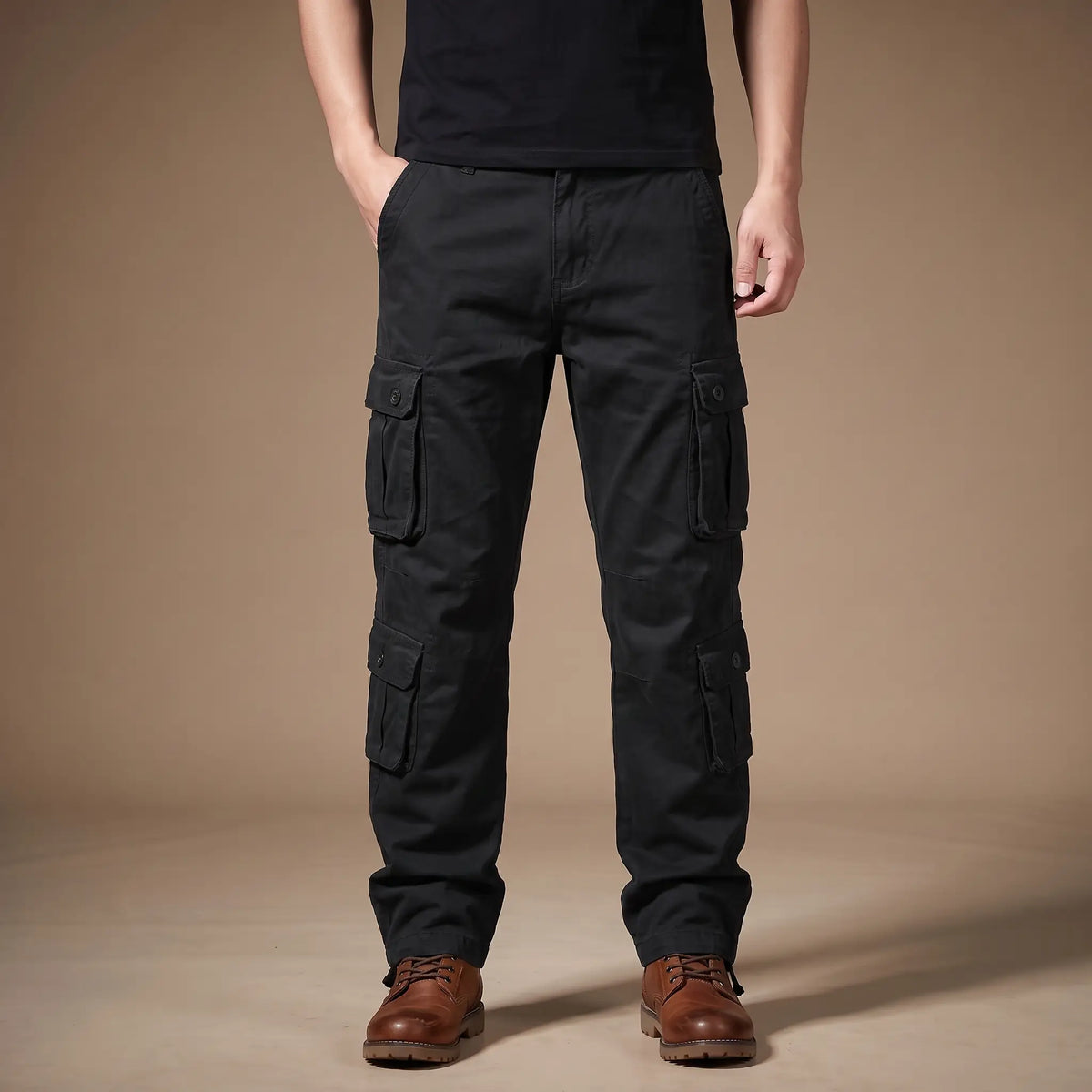 FLAP POCKET TROUSERS in black, men's cotton cargo trousers with button flap pockets