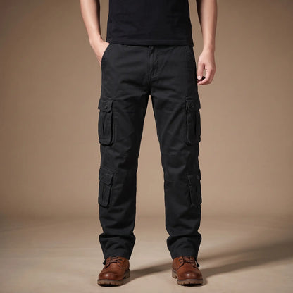 FLAP POCKET TROUSERS in black, men's cotton cargo trousers with button flap pockets