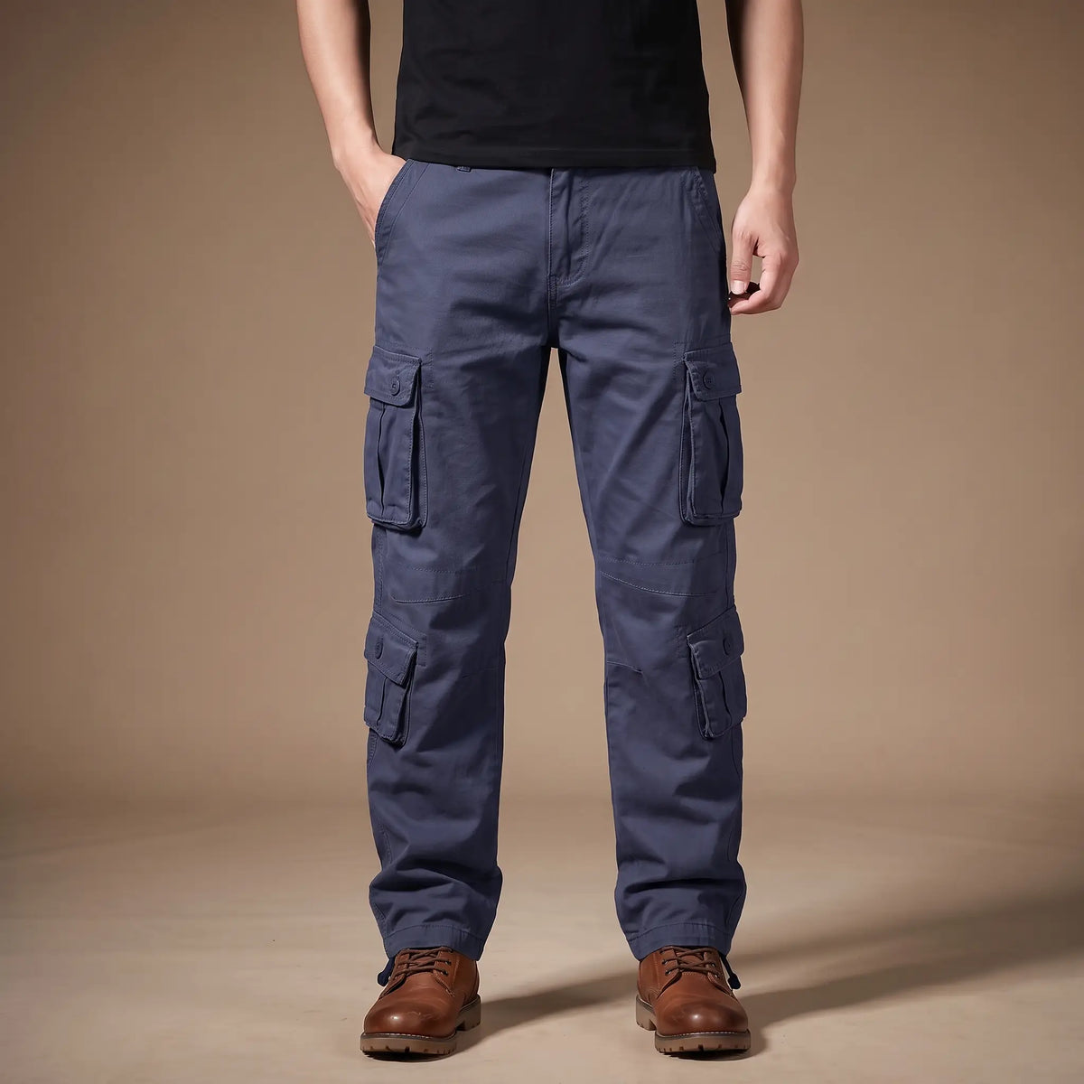 FLAP POCKET TROUSERS in blue, men's cotton cargo trousers with button flap pockets