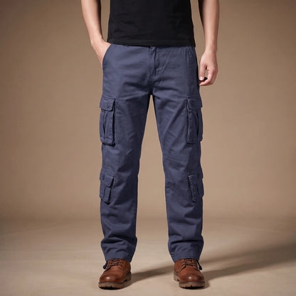 FLAP POCKET TROUSERS in blue, men's cotton cargo trousers with button flap pockets